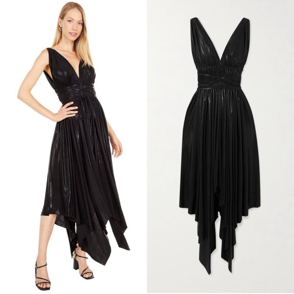 Norma Kamali Goddess Asymmetric Pleated Metallic Dress - Gunmetal
